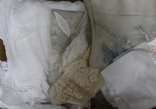 An Edwardian ladies blouse, camisole, mixed lace trimmings, mats etc.